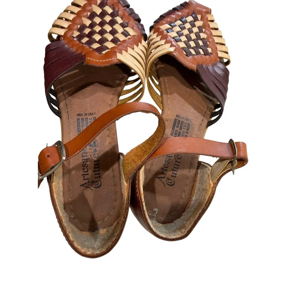Artesano Couture Womens Leather Huarache Sandals Woven Boho Flats Brown 7 Mexico